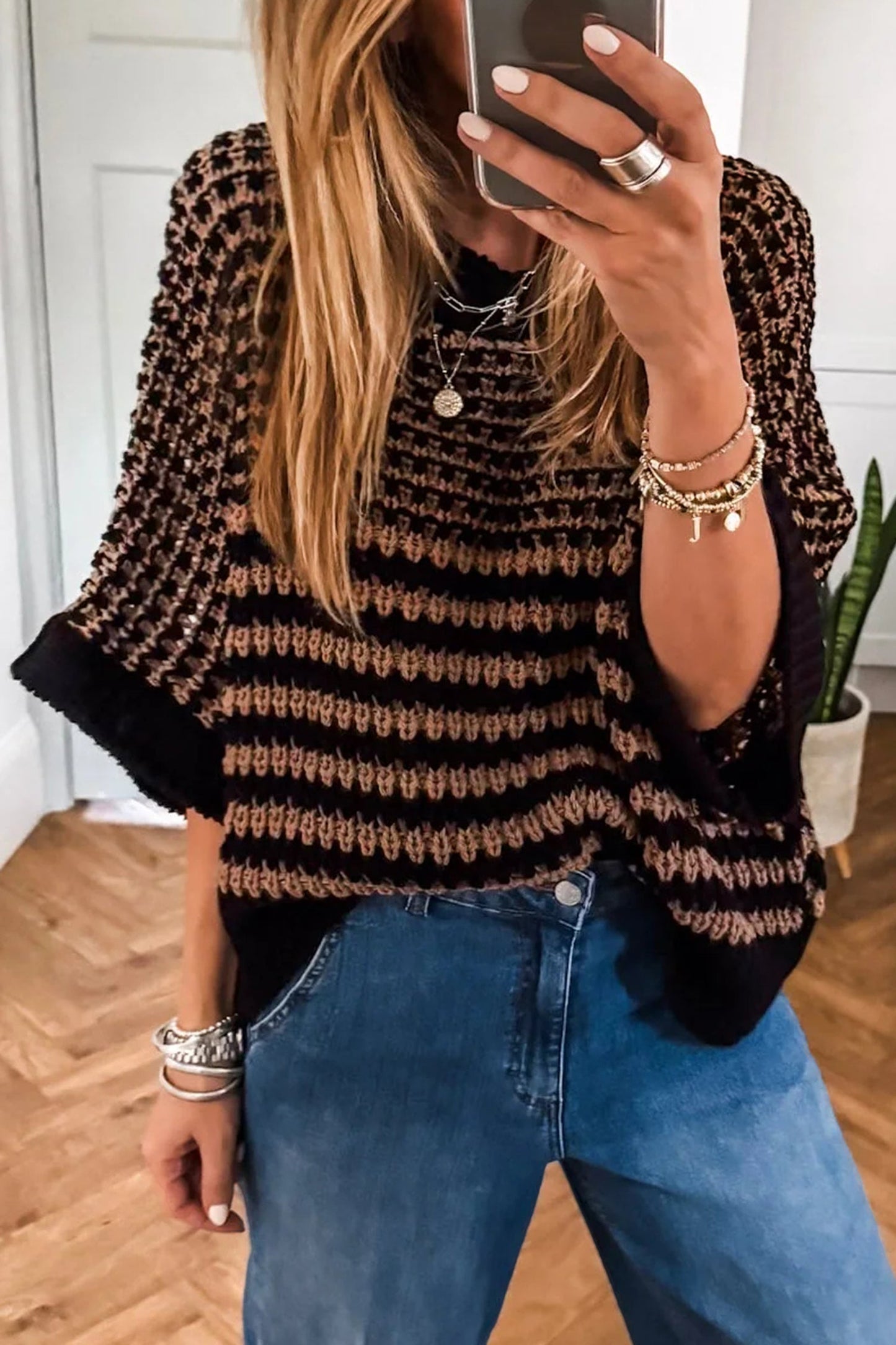Red Stripe 3/4 Draped Sleeve Slouchy Sweater