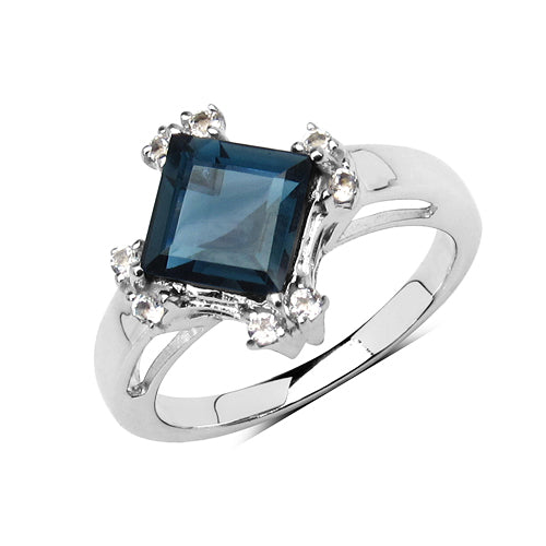 1.99 Carat Genuine London Blue Topaz & White Topaz .925 Sterling Silver Ring