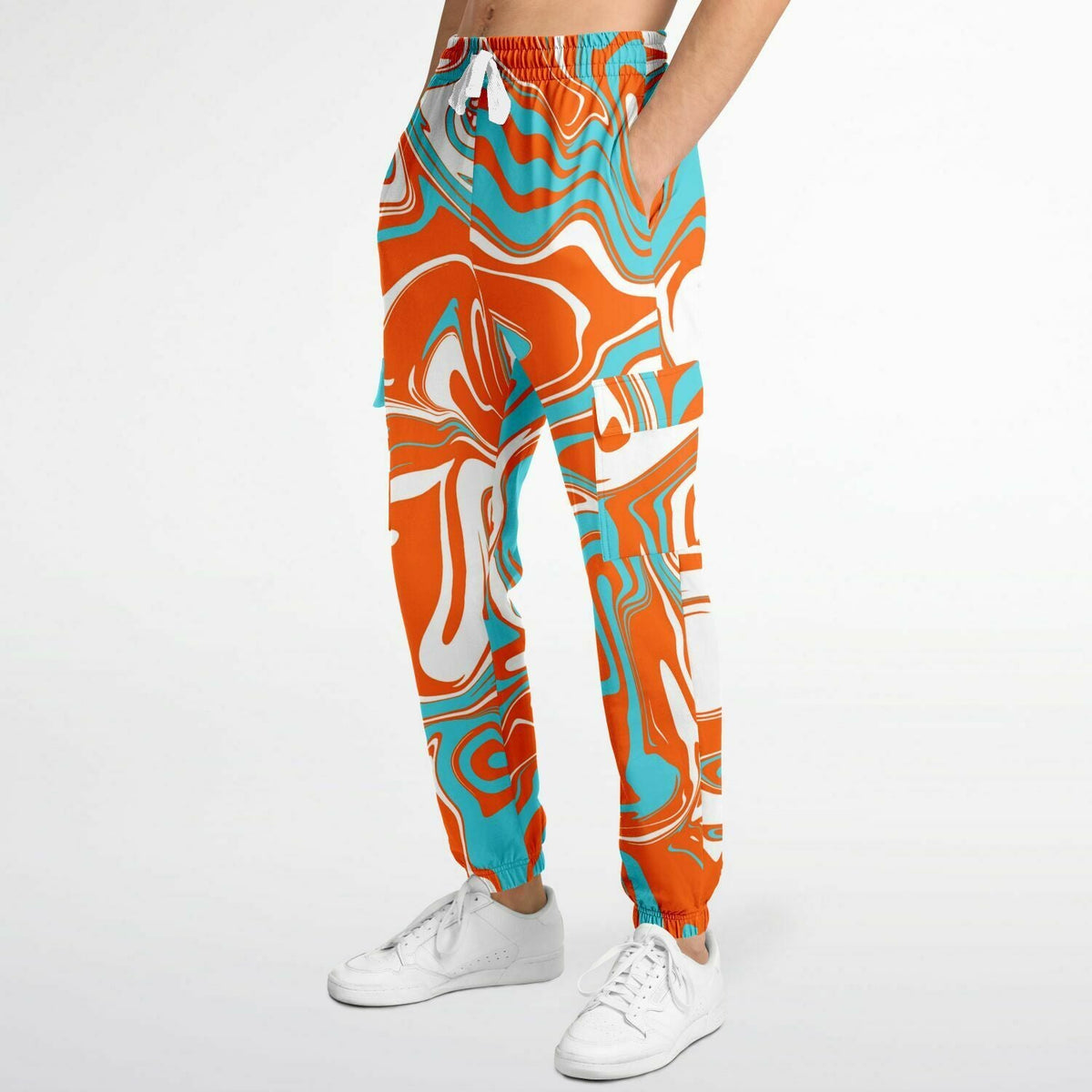 Orange Turquoise and White Oil Spill Unisex Cargo Joggers (Fleece Lined)