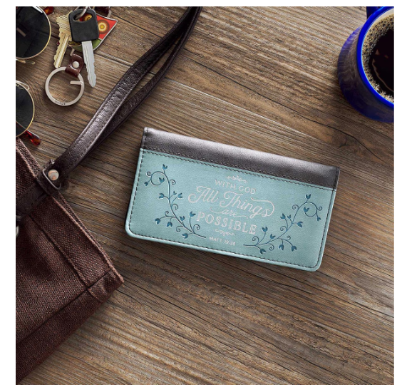 All Things Are Possible Two-tone Gray and Blue Faux Leather Checkbook Cover - Matthew 19:26