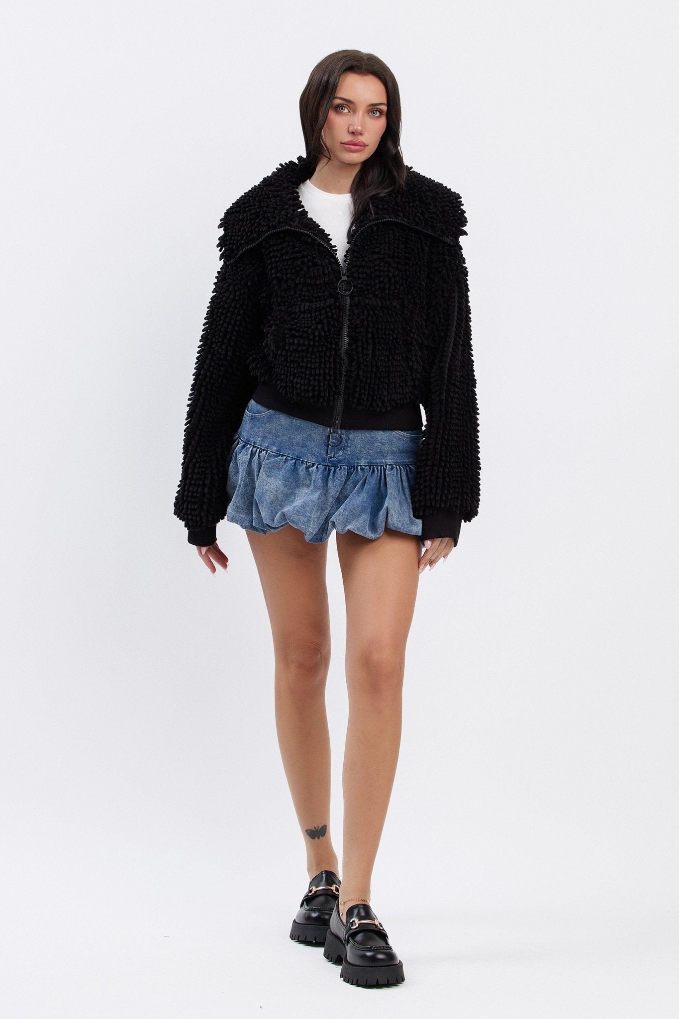Chunky Collared Chenille Zip-Up Jacket | Cropped Oversized Trendy Streetwear