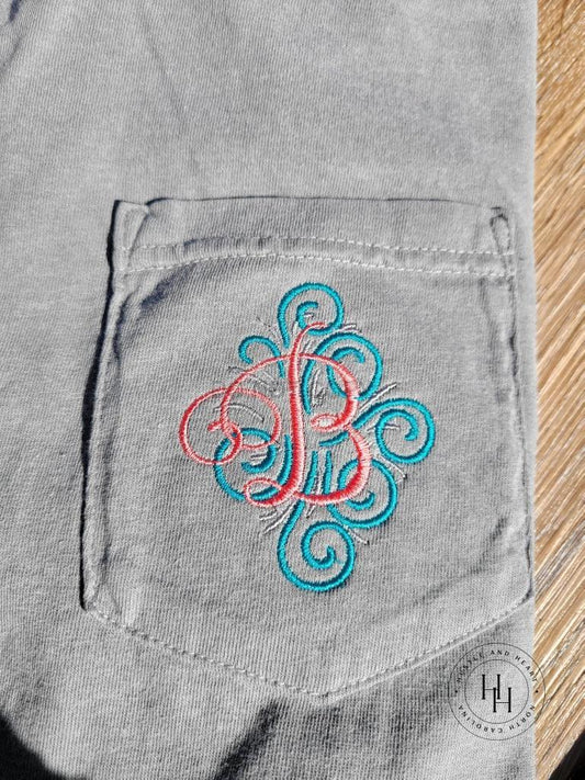 Comfort Color Swirly Fancy Single Letter Monogram Embroidered Pocket Tee
