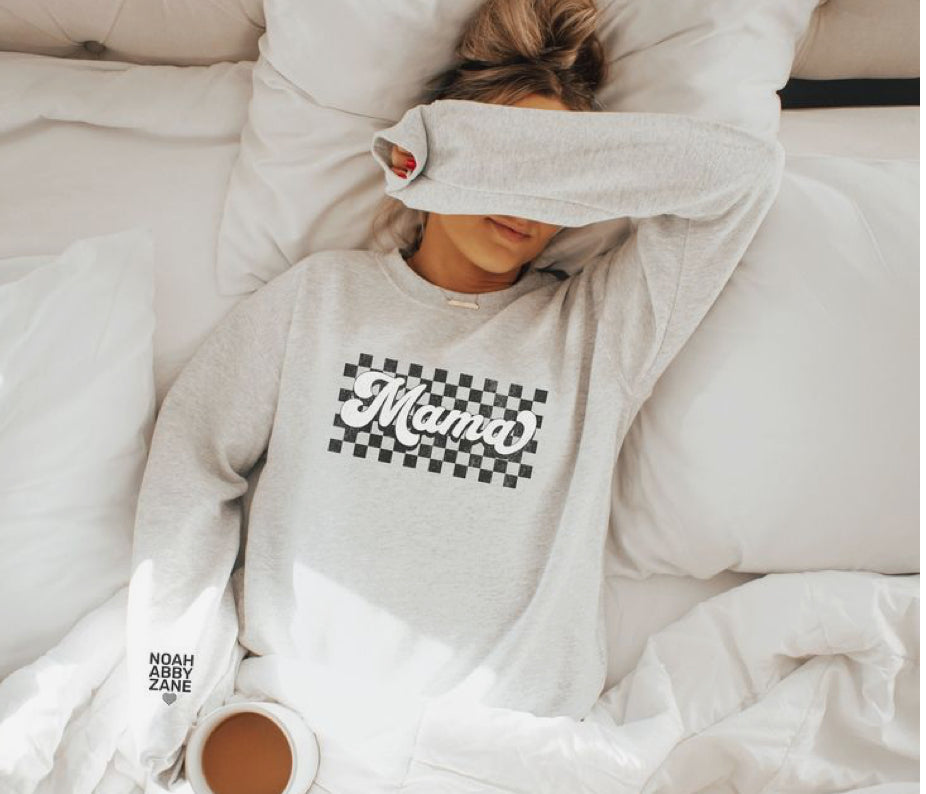 Checkered Mama Crewneck Sweatshirt with Custom Names on Sleeve | Personalized Mother's Apparel