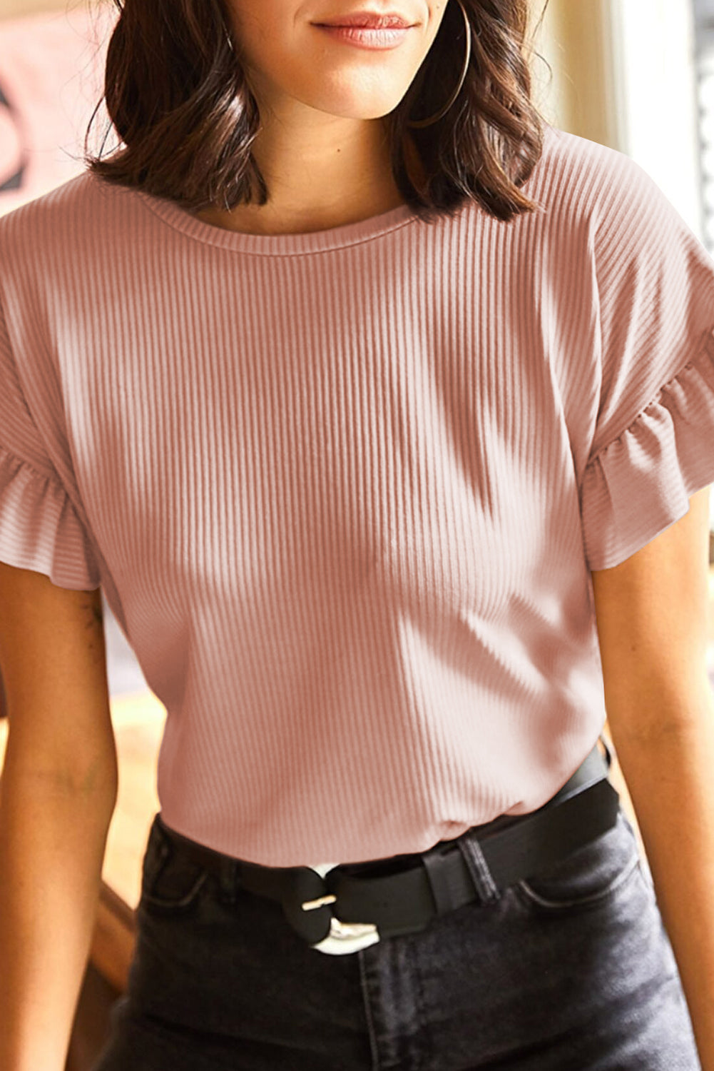 White Solid Color Ribbed Ruffled Short Sleeve T Shirt