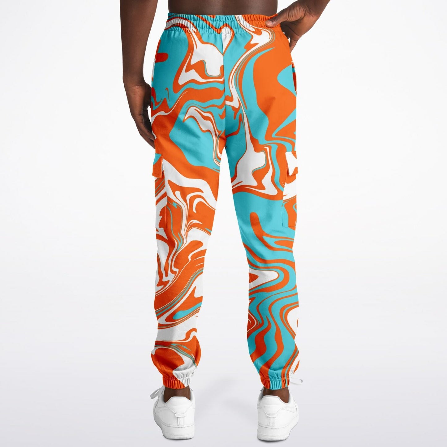 Orange Turquoise and White Oil Spill Unisex Cargo Joggers (Fleece Lined)