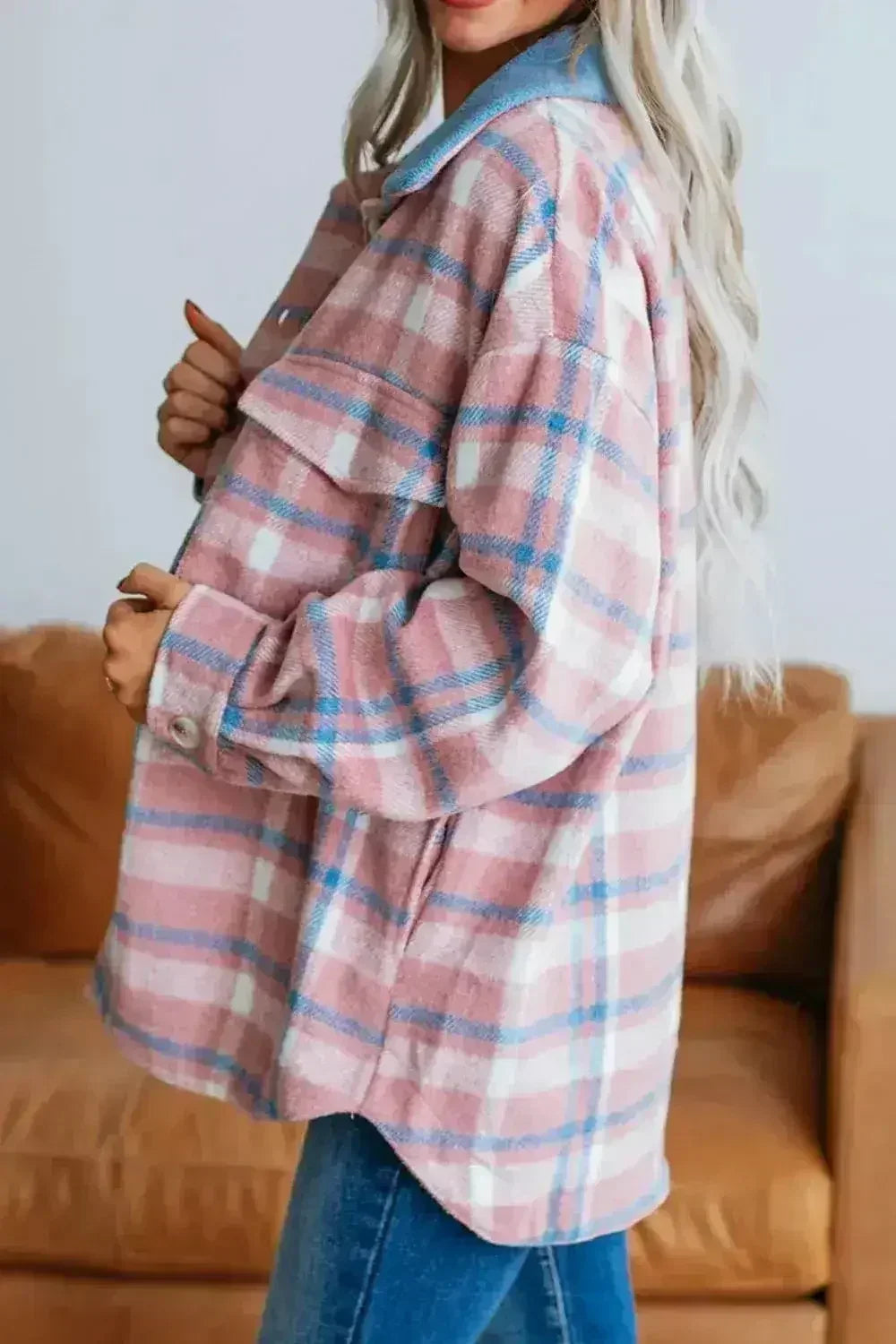 Plaid Collared Jacket – Long Sleeve Polyester Unlined Top
