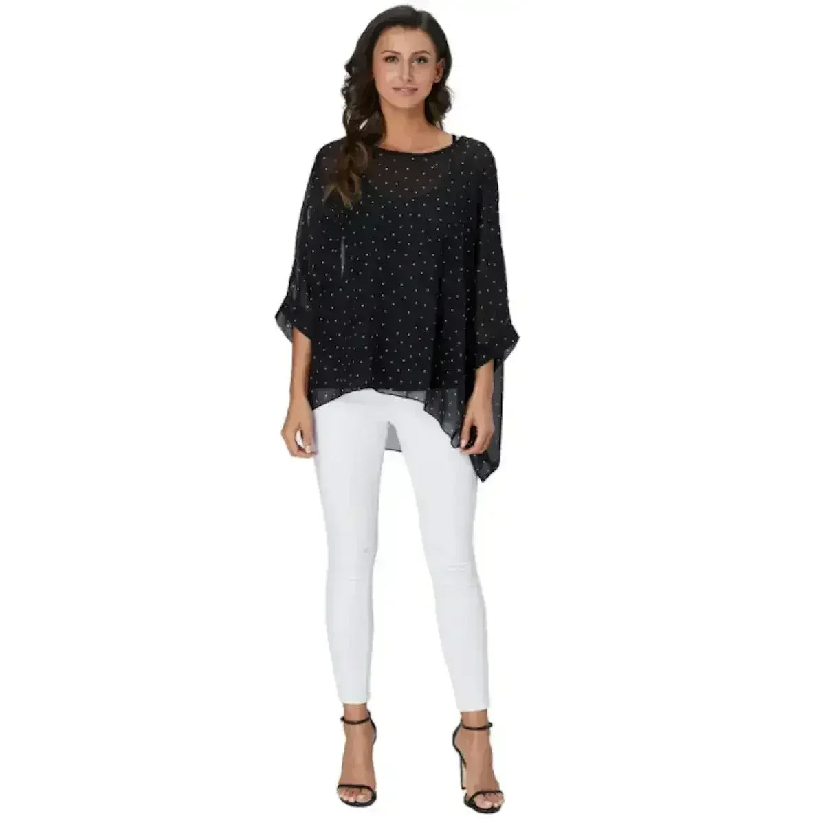 Black Polkadot Chiffon Tunic Top - Batwing Sleeves | Femstylo