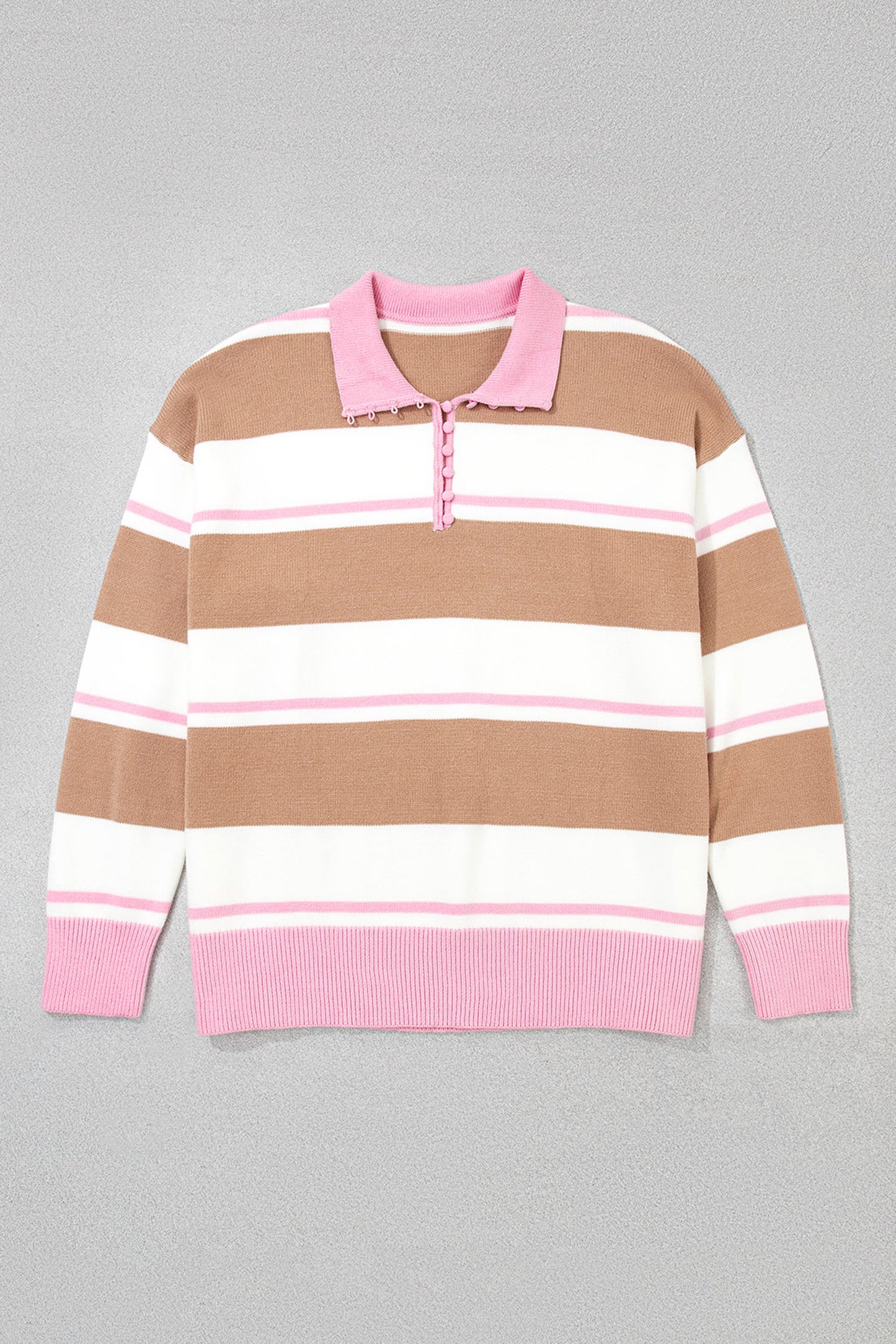 Plus Size Stripe Colorblock Collared Long Sleeve Sweater
