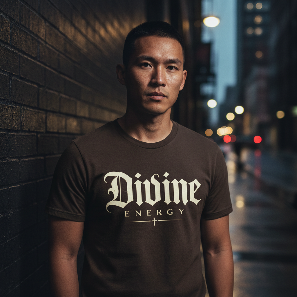 Divine Energy Tee — Gothic Script Faith Graphic | Wear Your Worship