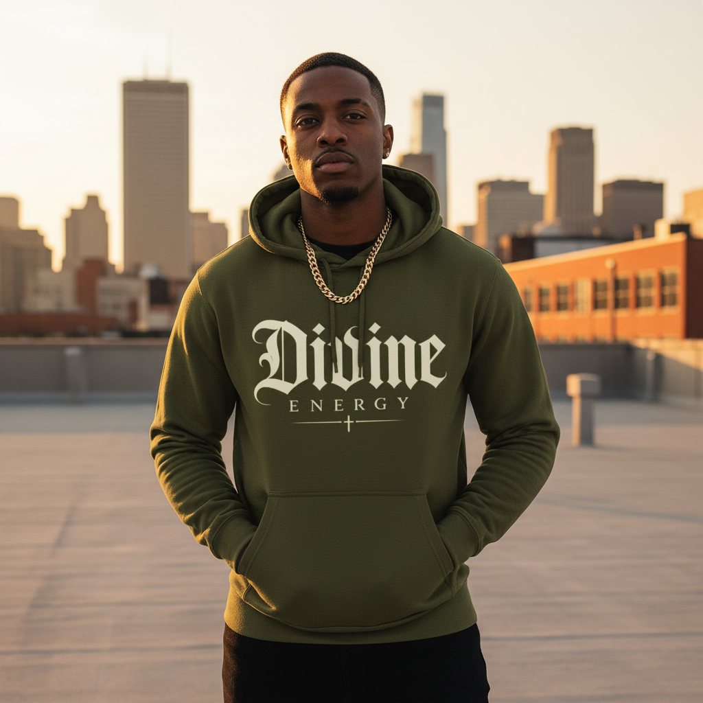 Divine Energy Hoodie — Gothic Script Faith Graphic | Wear Your Worship