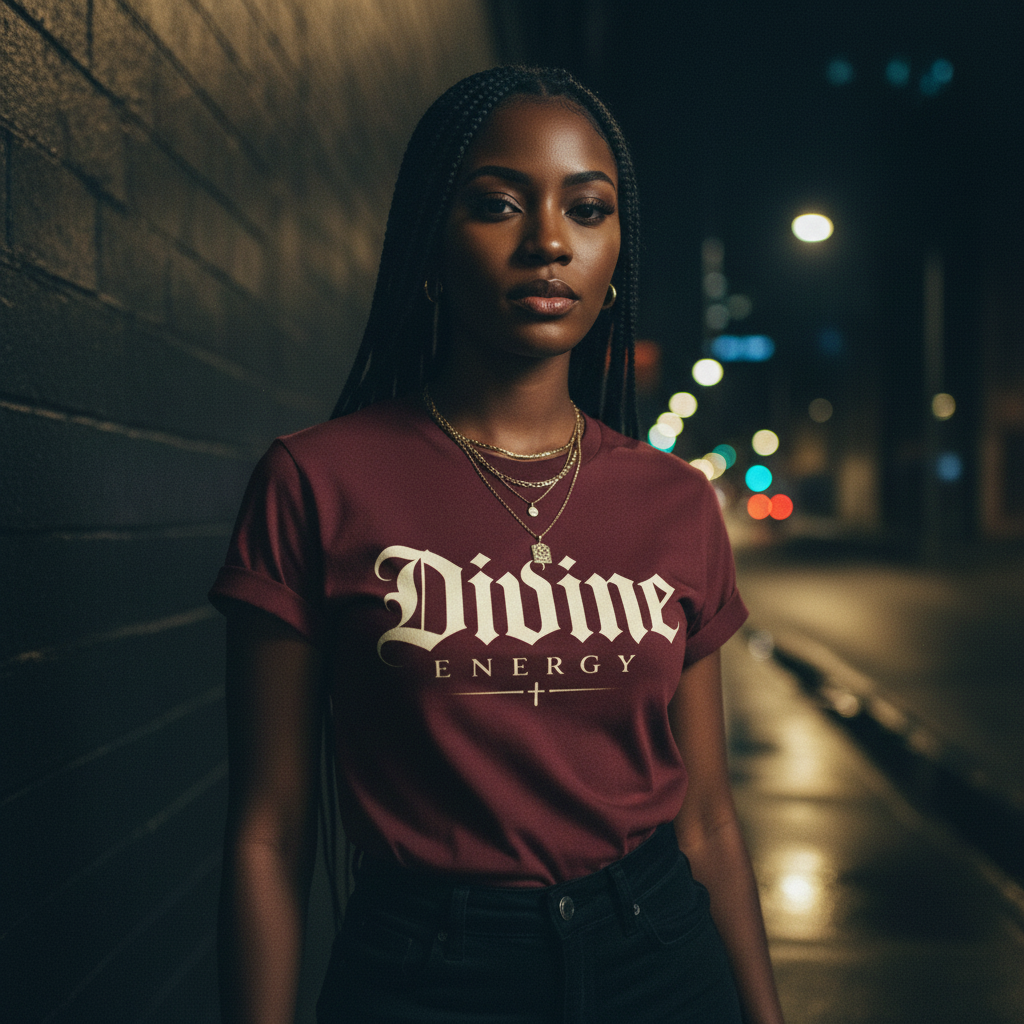 Divine Energy Tee — Gothic Script Faith Graphic | Wear Your Worship