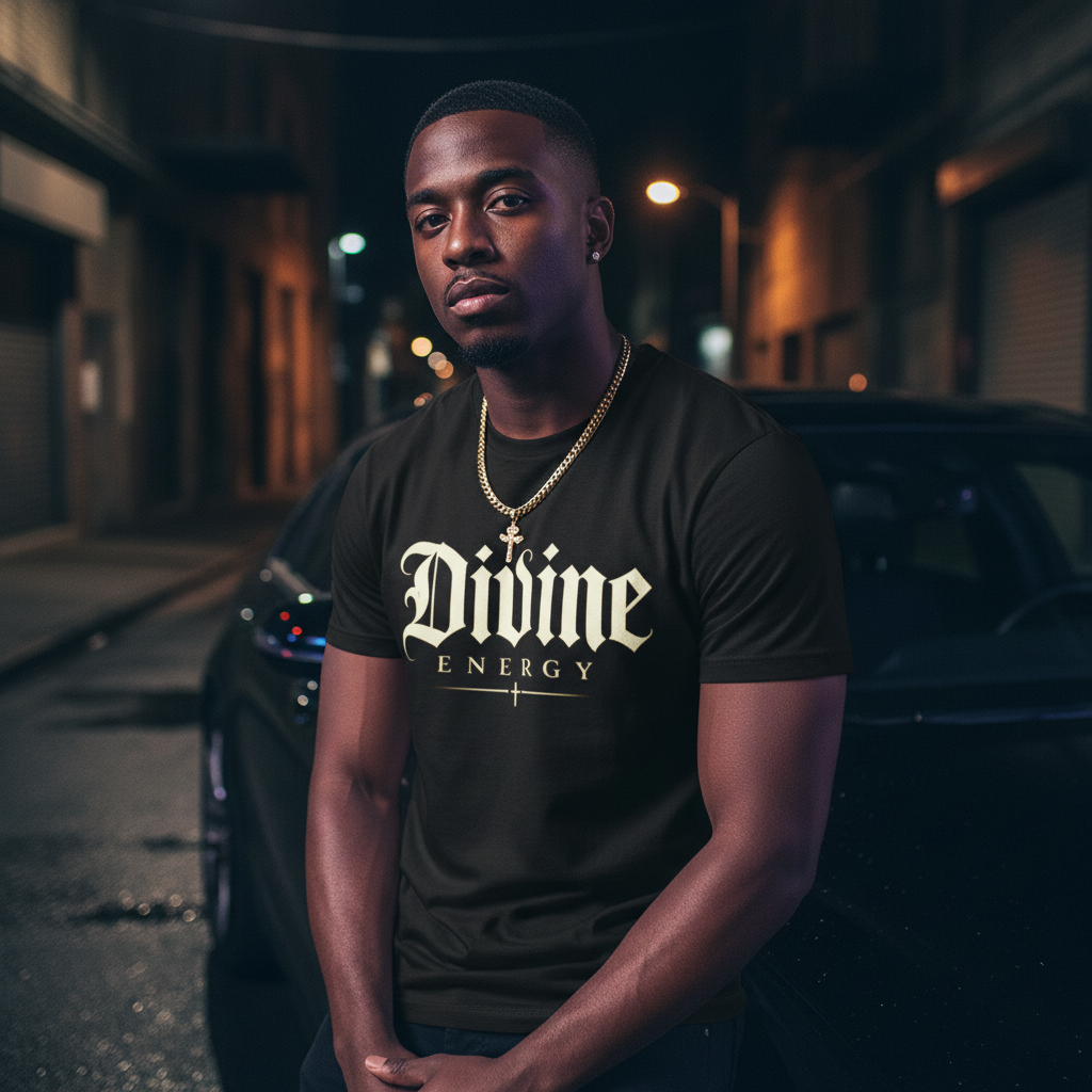 Divine Energy Tee — Gothic Script Faith Graphic | Wear Your Worship