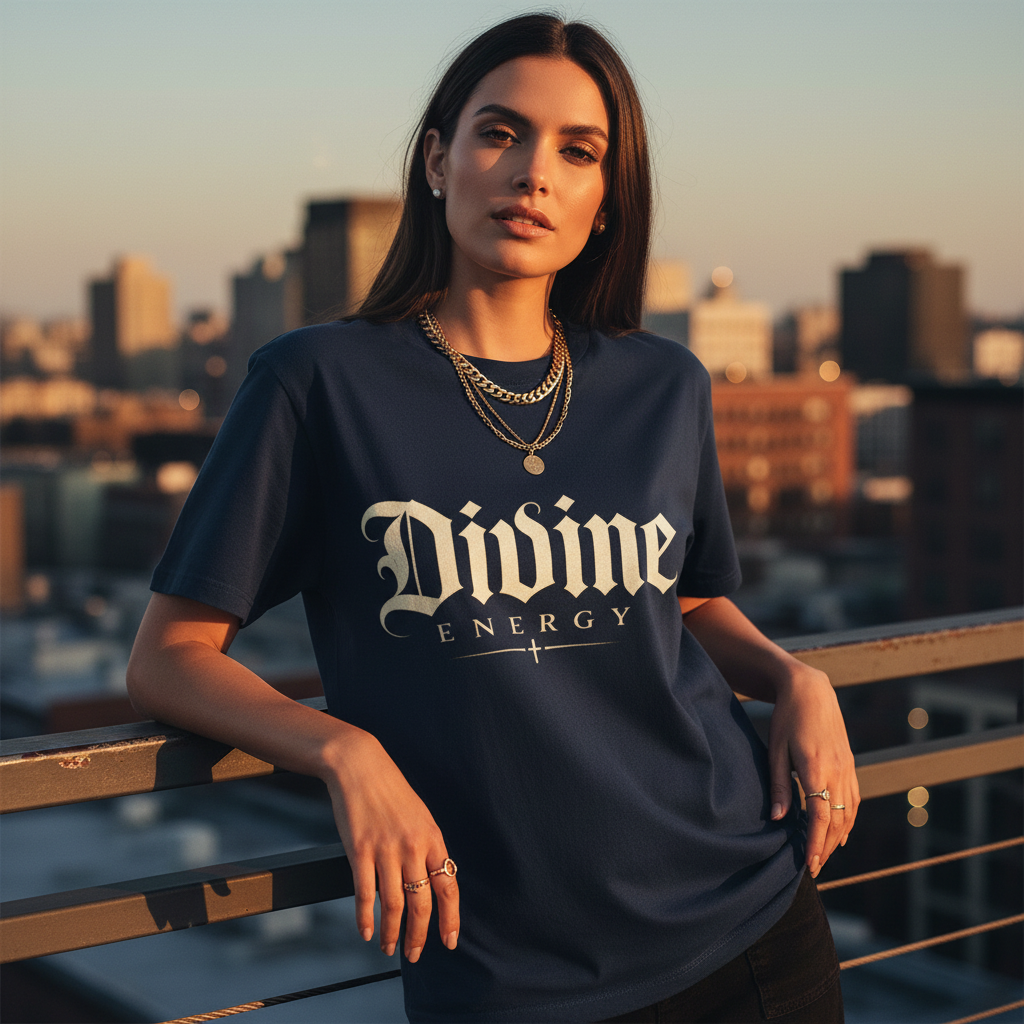 Divine Energy Tee — Gothic Script Faith Graphic | Wear Your Worship