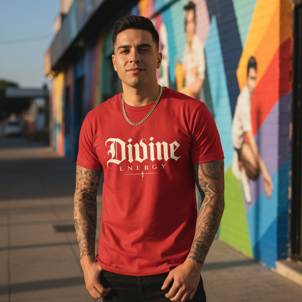 Divine Energy Tee — Gothic Script Faith Graphic | Wear Your Worship