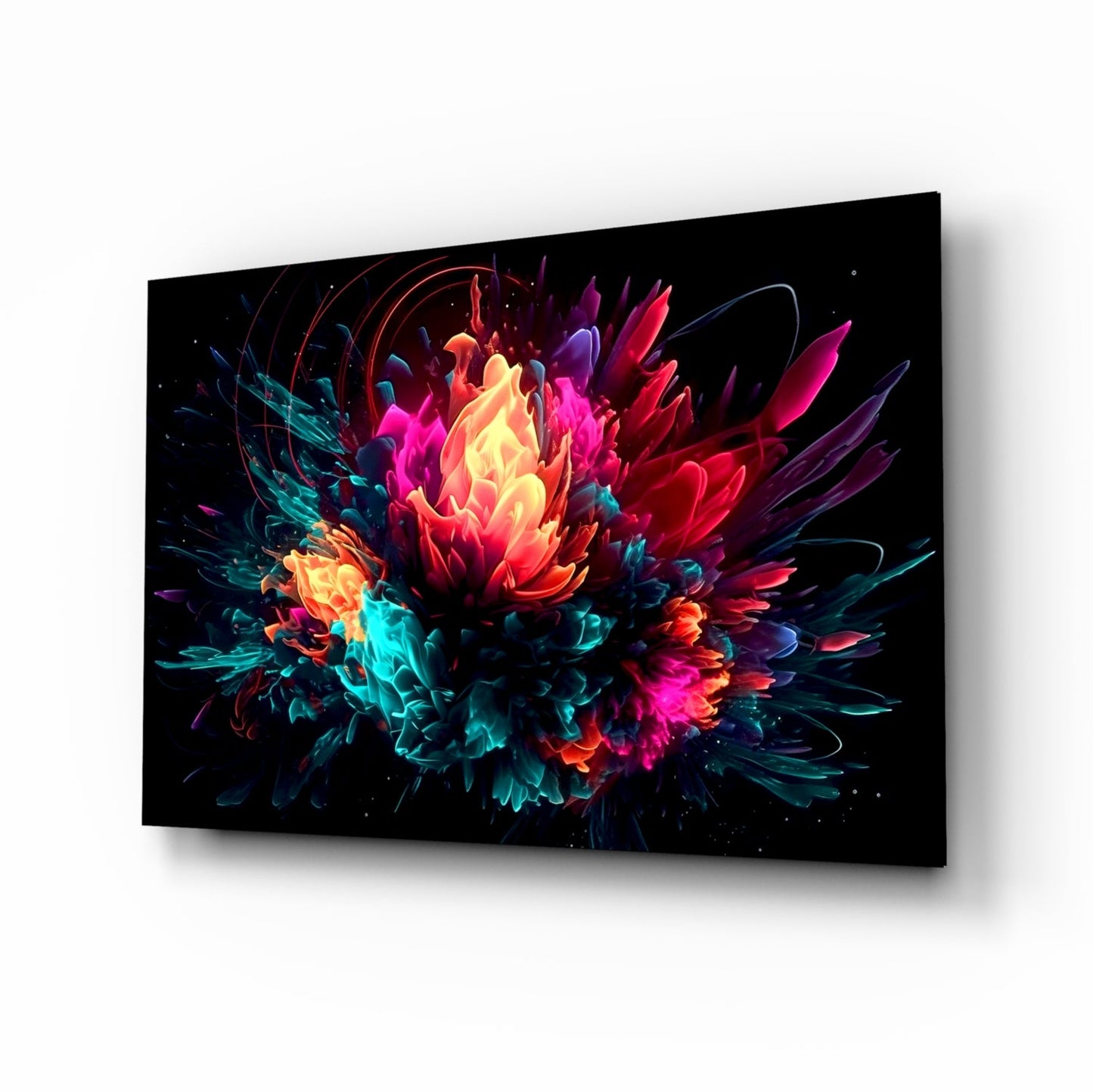 Neon Bloom Color Explosion On Black Glass Wall Art