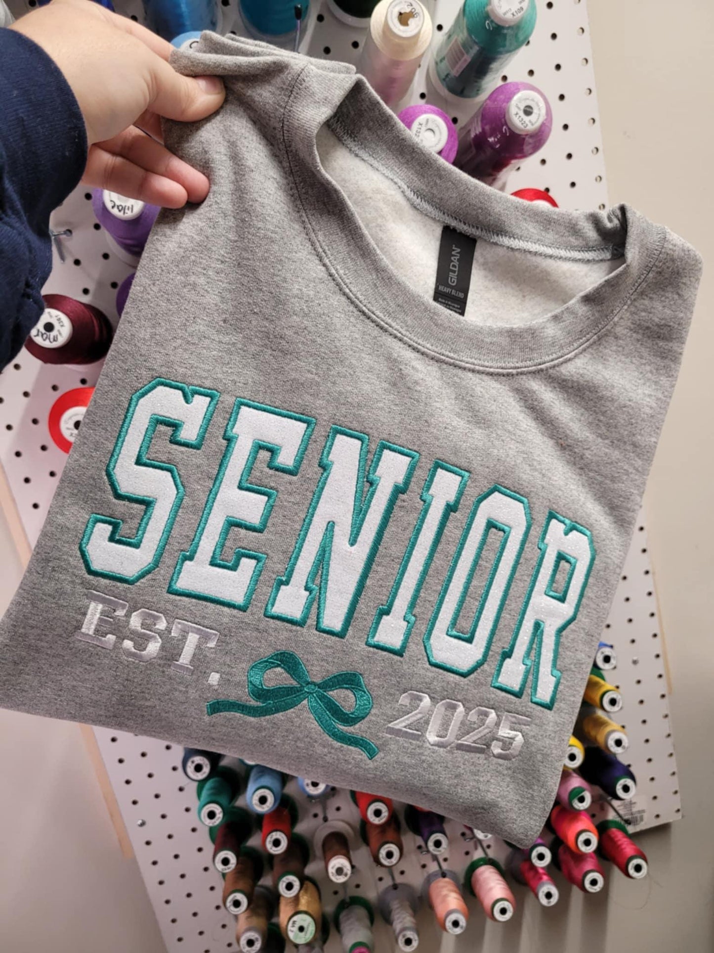 Senior EST Coquette Varsity Shirt | Embroidered Glitter HTV Appliqué Graduation Tee, Sweatshirt & Hoodie