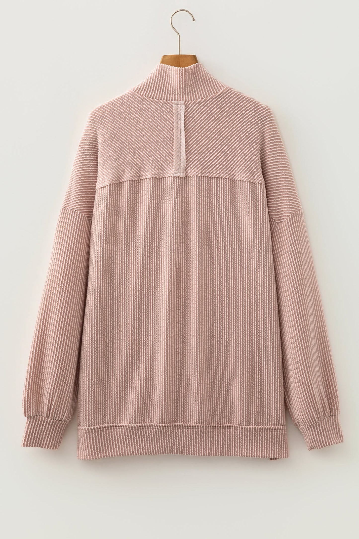 Solid Corded Knit Half Zip Collar Long Sleeve Top