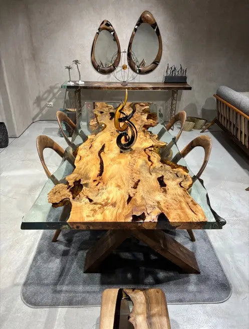 Solid Linden Wood Natural Look Epoxy Resin Side Dining Table