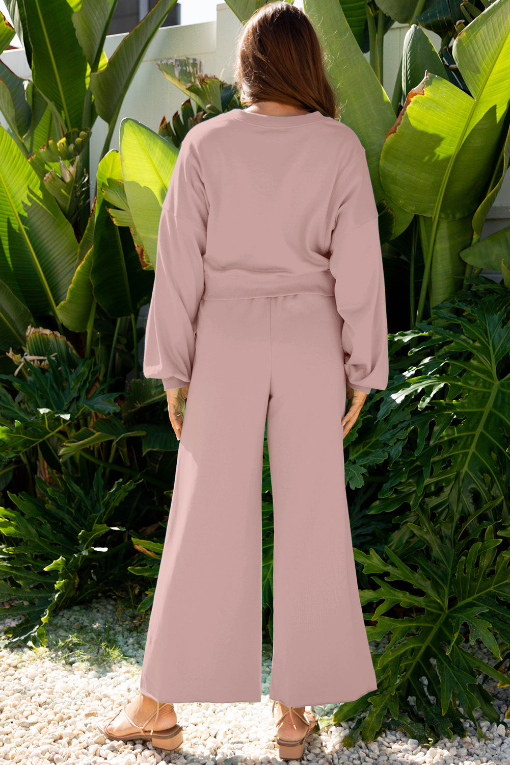 Mist Blue Drop Shoulder Puff Sleeve Crop Pullover Drawstring Wide Leg Pants Set