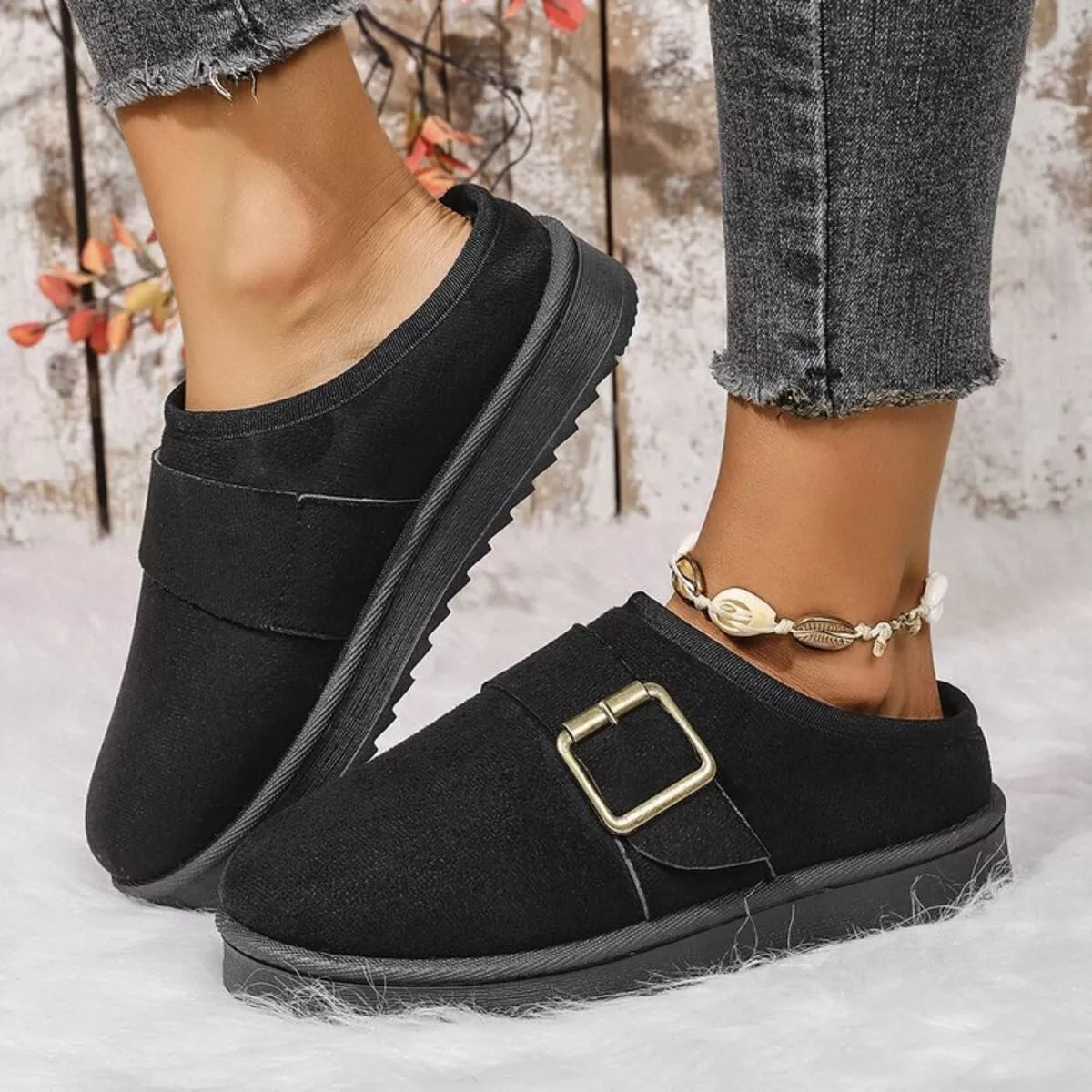 Buckle Decor Plush Lined Warm Slippers