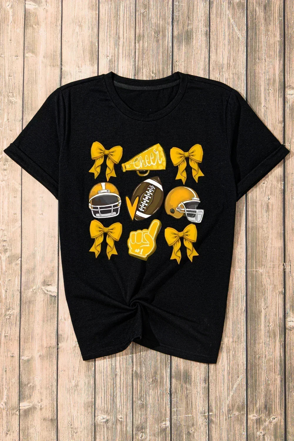 Game Day Rugby Tee: White Cheer Helmet & Bow Graphic T-Shirt