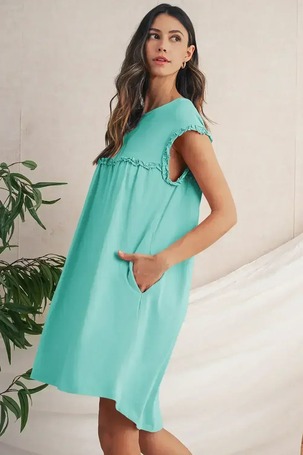 Oatmeal Frilled Trim Crewneck Loose Fit Mini Dress