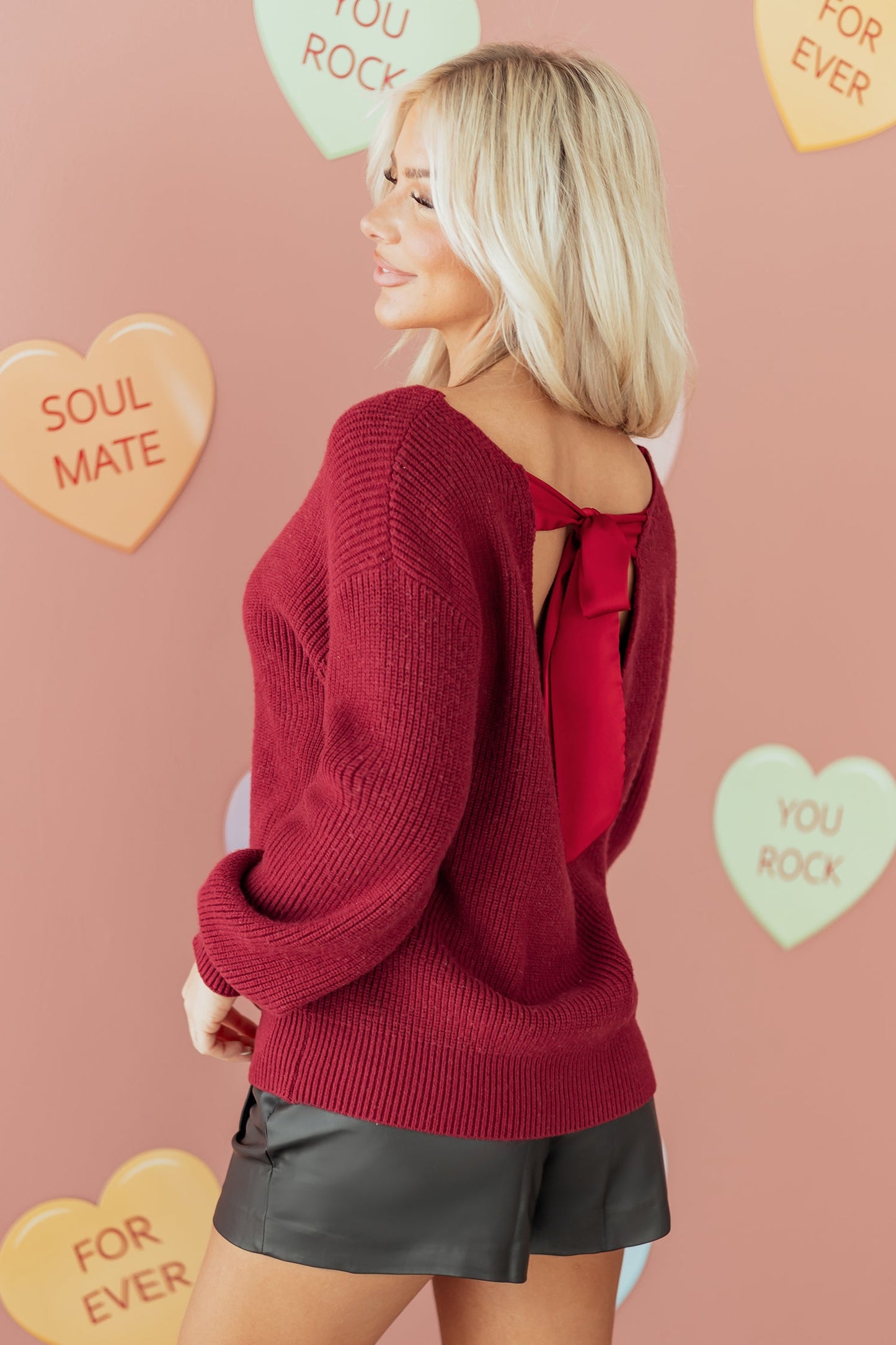 Jet Stream Ribbed Knit Ribbon Knot Backless Drop Shoulder Sweater
