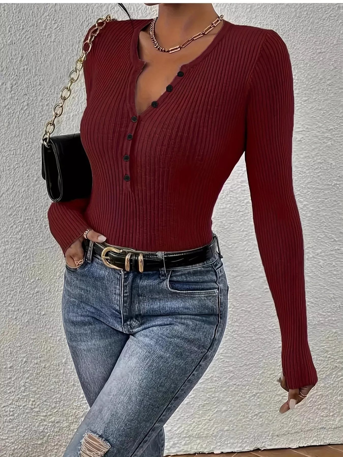 Ribbed Knit Button Front Knit Top