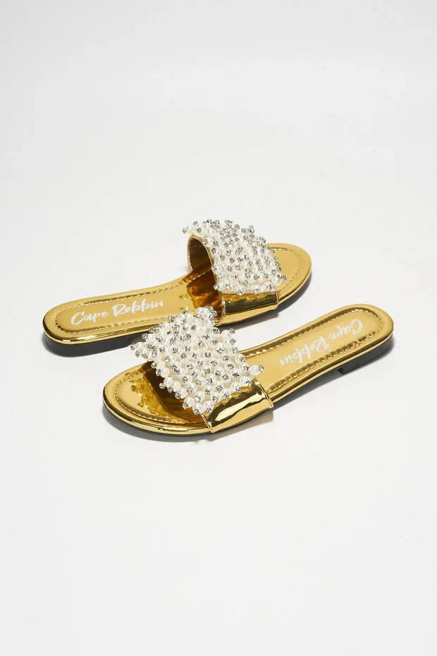 Fara Glamorous Pearl Embellished Round Toe Slip On Sandals - Gold