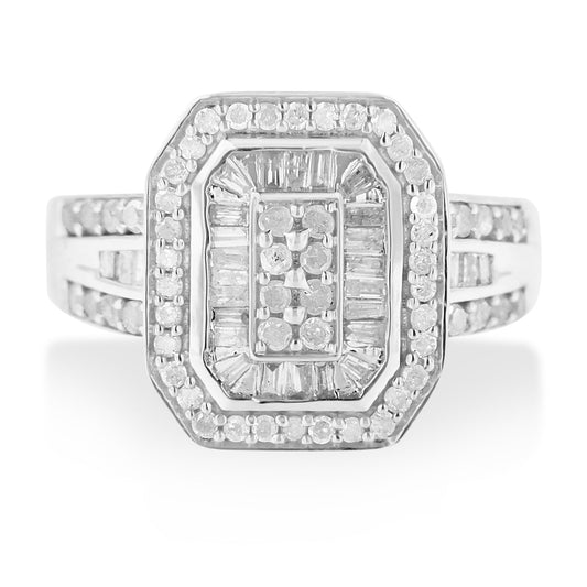 .925 Sterling Silver 1.0 Cttw Round and Baguette Cut Diamond Elongated Octagon Shaped Cocktail Ring (H-I Color, I2-I3 Clarity) - Size 7