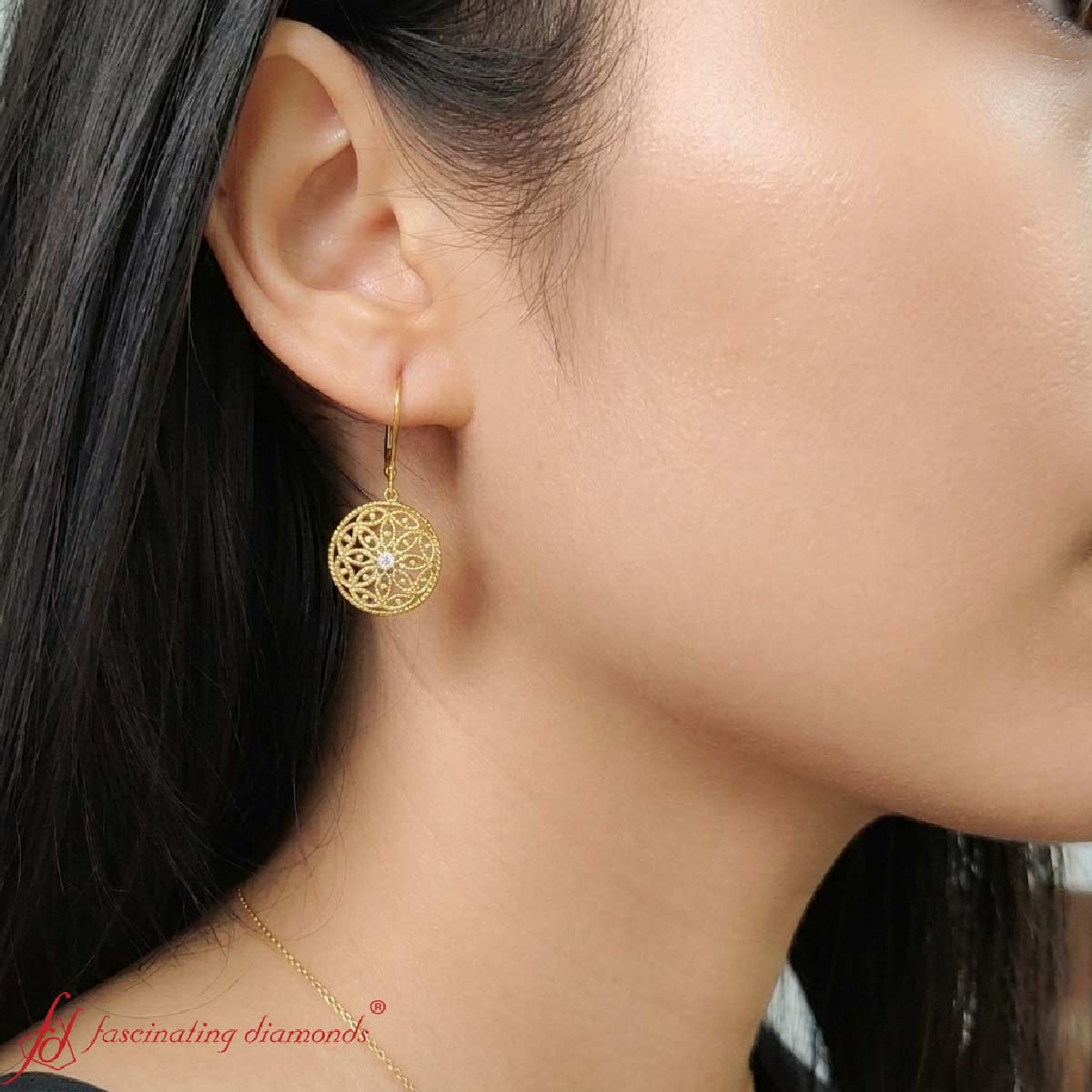 Diamond Filigree Circle Drop Lab Grown Lever Back Earring