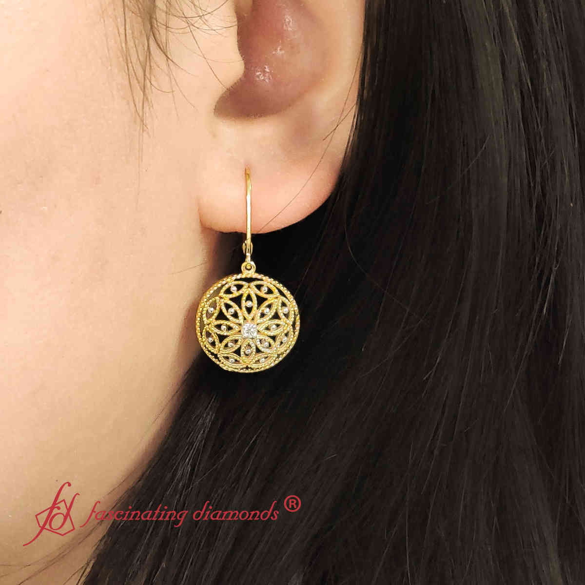 Diamond Filigree Circle Drop Lab Grown Lever Back Earring