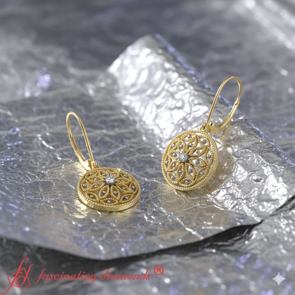 Diamond Filigree Circle Drop Lab Grown Lever Back Earring