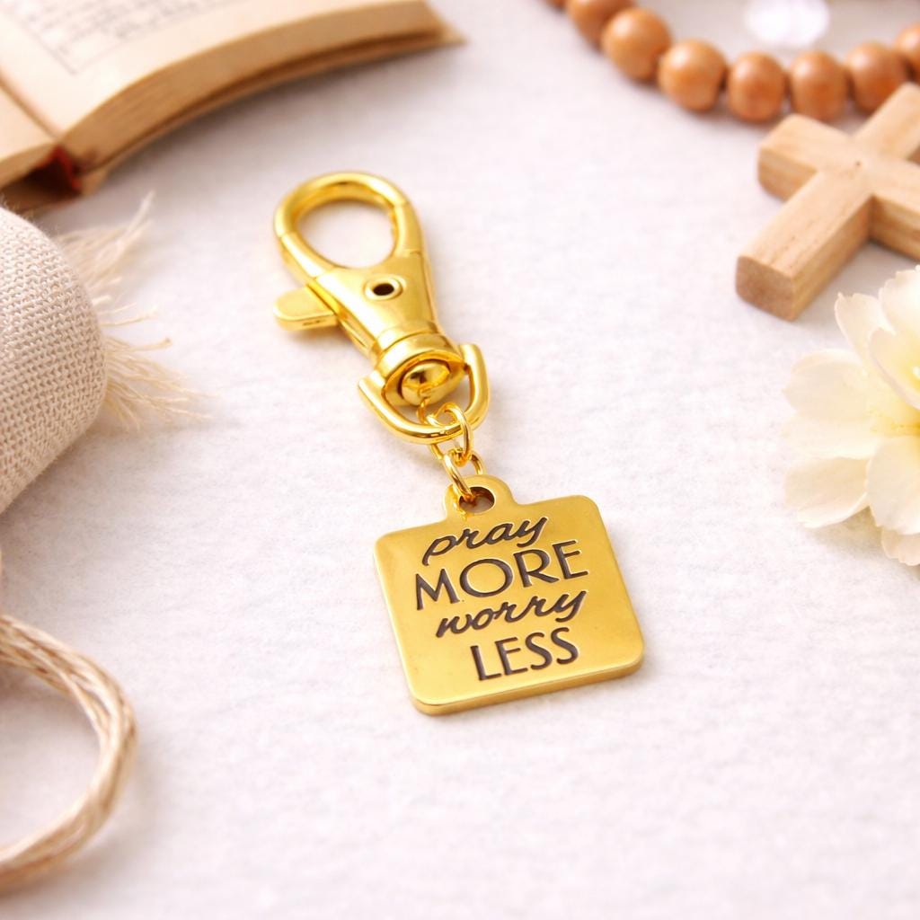 Pray More Worry Less Clip On Charm Faith Gift Christian Gold Stainless Steel Engraved Charm Inspirational Religious