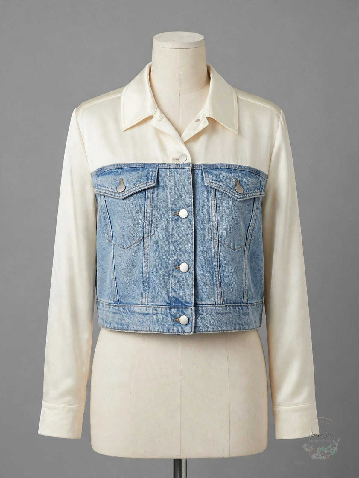 Express Satin Pieced Cropped Denim Jacket, Size Large