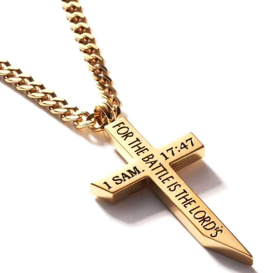 Gold Battle Cross Necklace - KJV