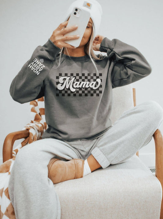Checkered Mama Crewneck Sweatshirt with Custom Names on Sleeve | Personalized Mother's Apparel