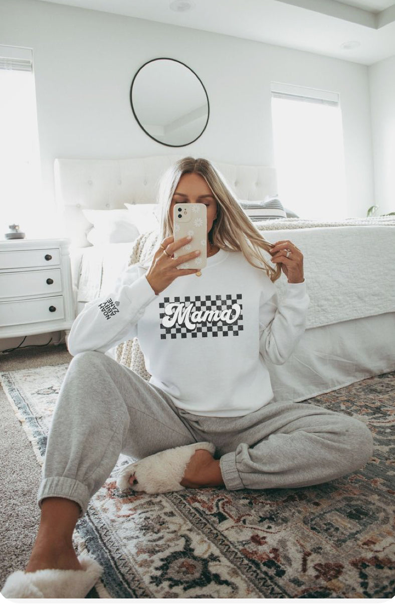Checkered Mama Crewneck Sweatshirt with Custom Names on Sleeve | Personalized Mother's Apparel