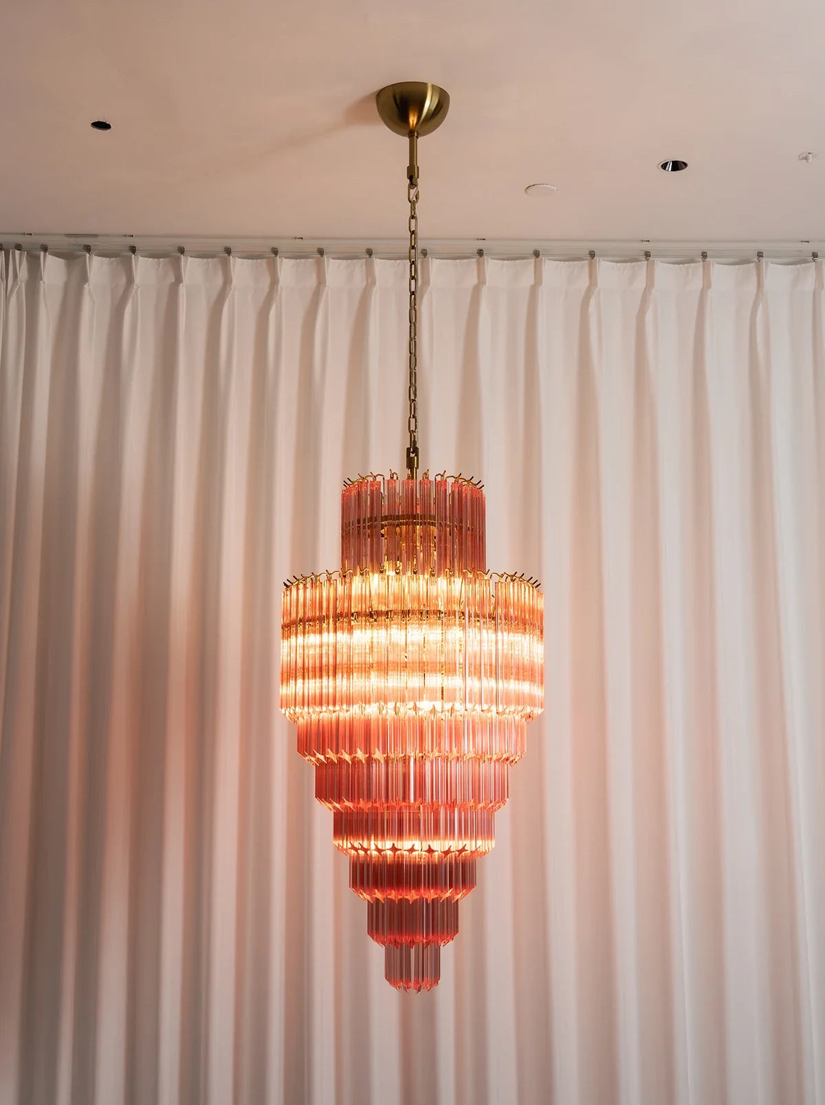 Pink Tiered Fluted Glass Waterfall Chandelier