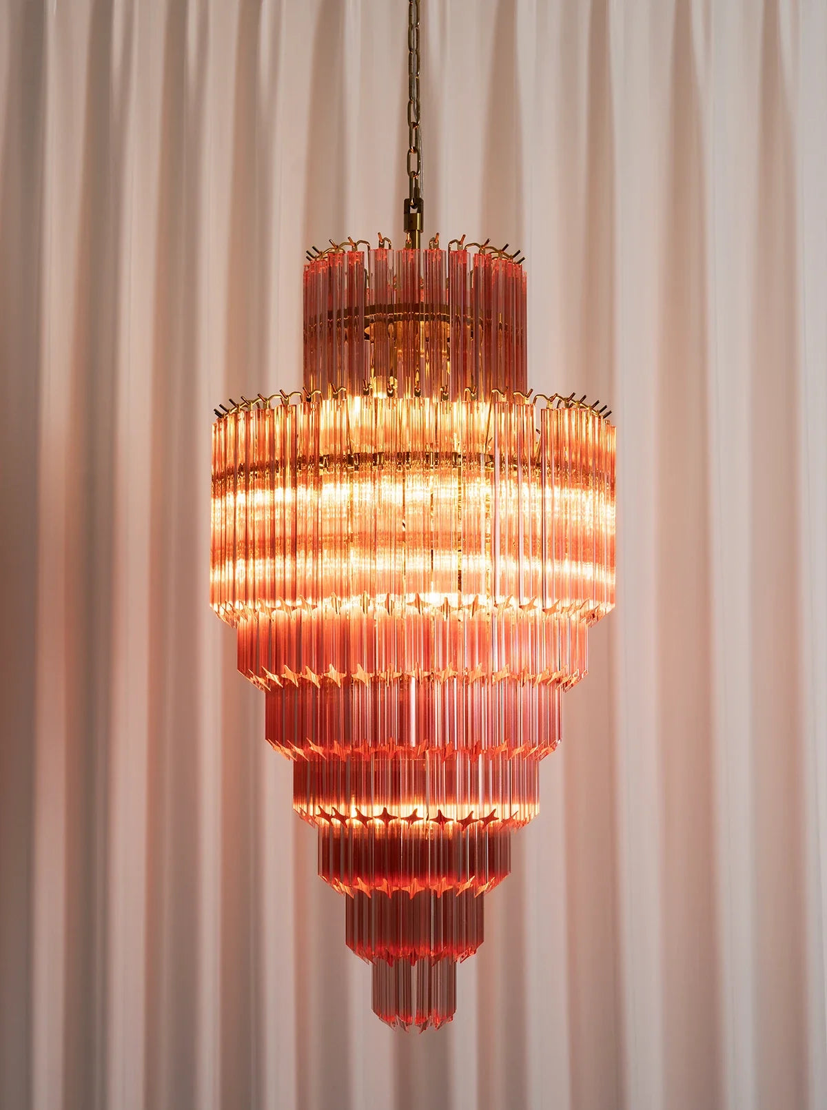Pink Tiered Fluted Glass Waterfall Chandelier
