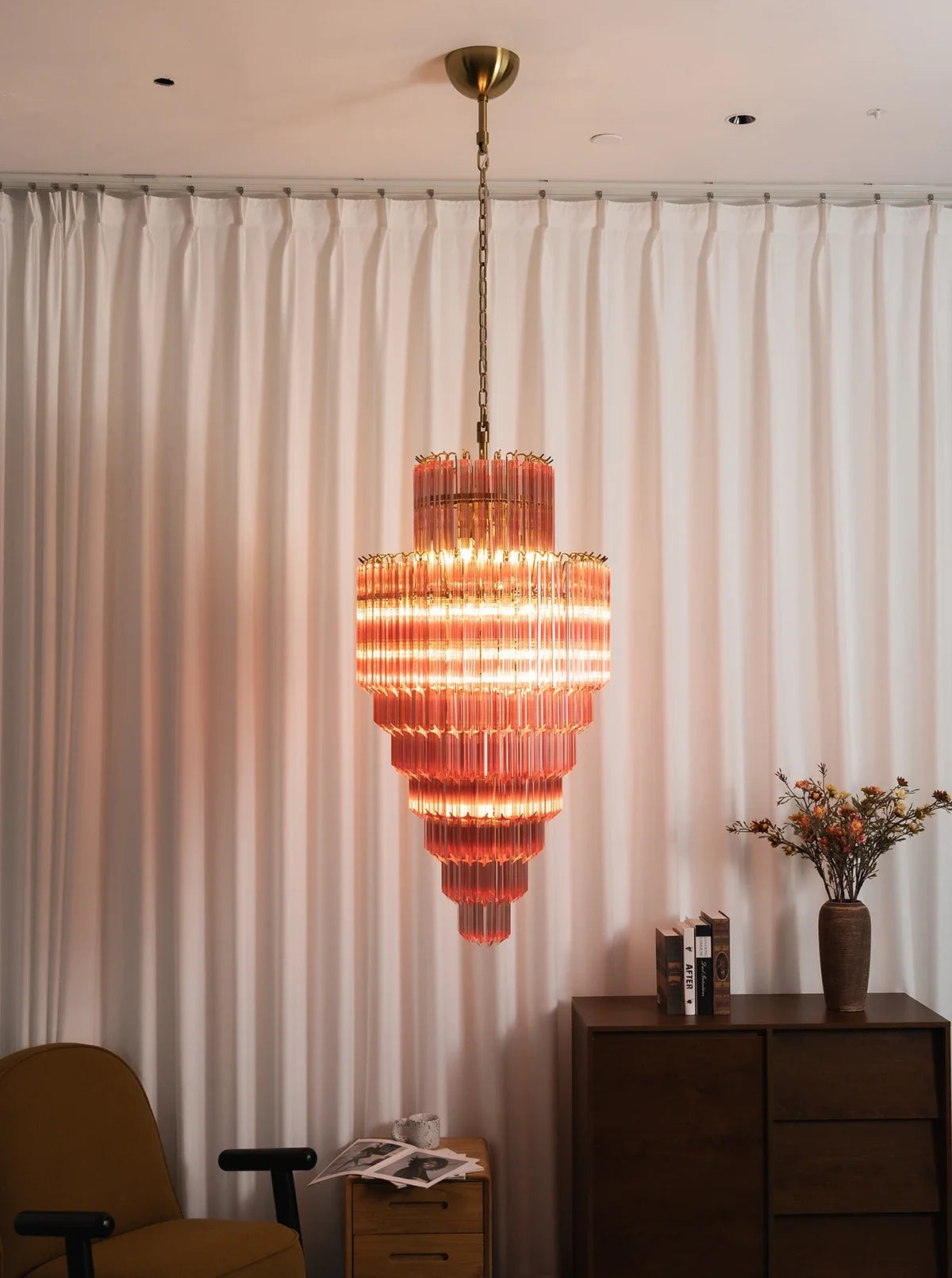 Pink Tiered Fluted Glass Waterfall Chandelier