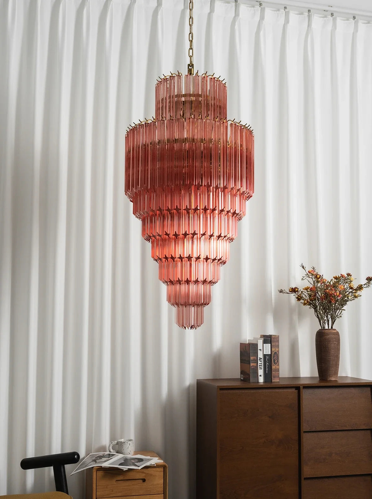 Pink Tiered Fluted Glass Waterfall Chandelier