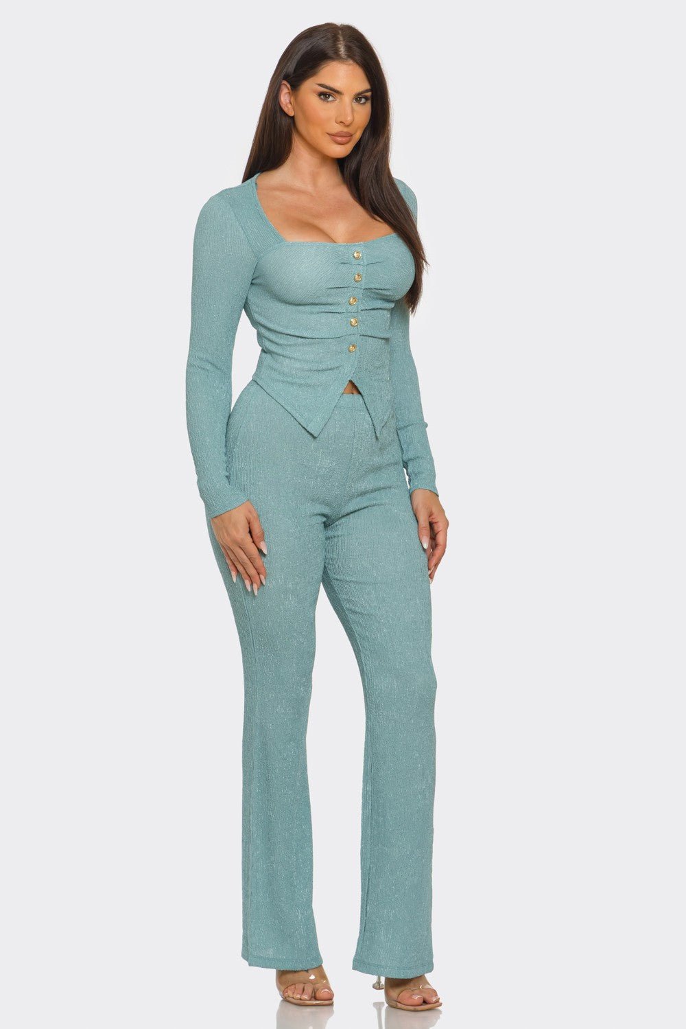Pleated Button Detail Slit Top & Pants Set – Women’s Two Piece Outfit
