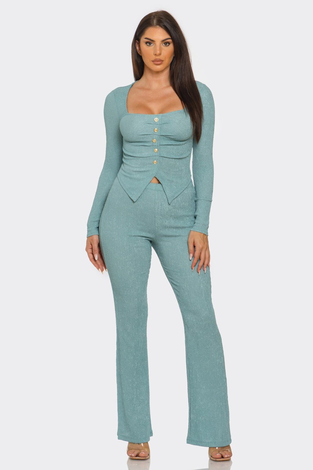 Pleated Button Detail Slit Top & Pants Set – Women’s Two Piece Outfit
