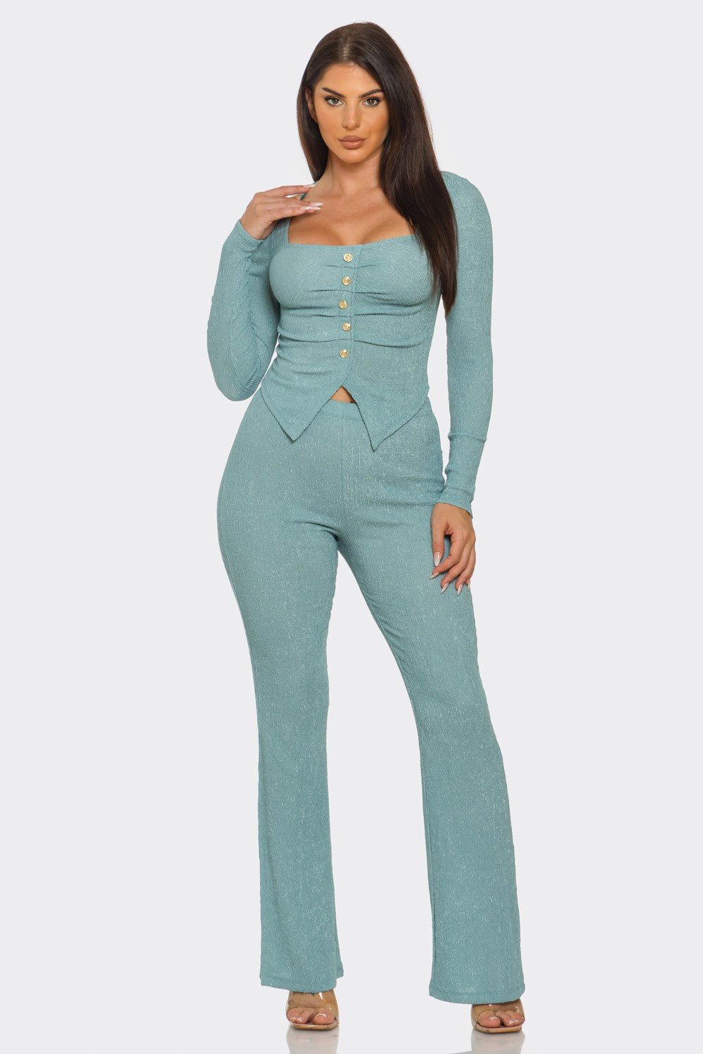 Pleated Button Detail Slit Top & Pants Set – Women’s Two Piece Outfit