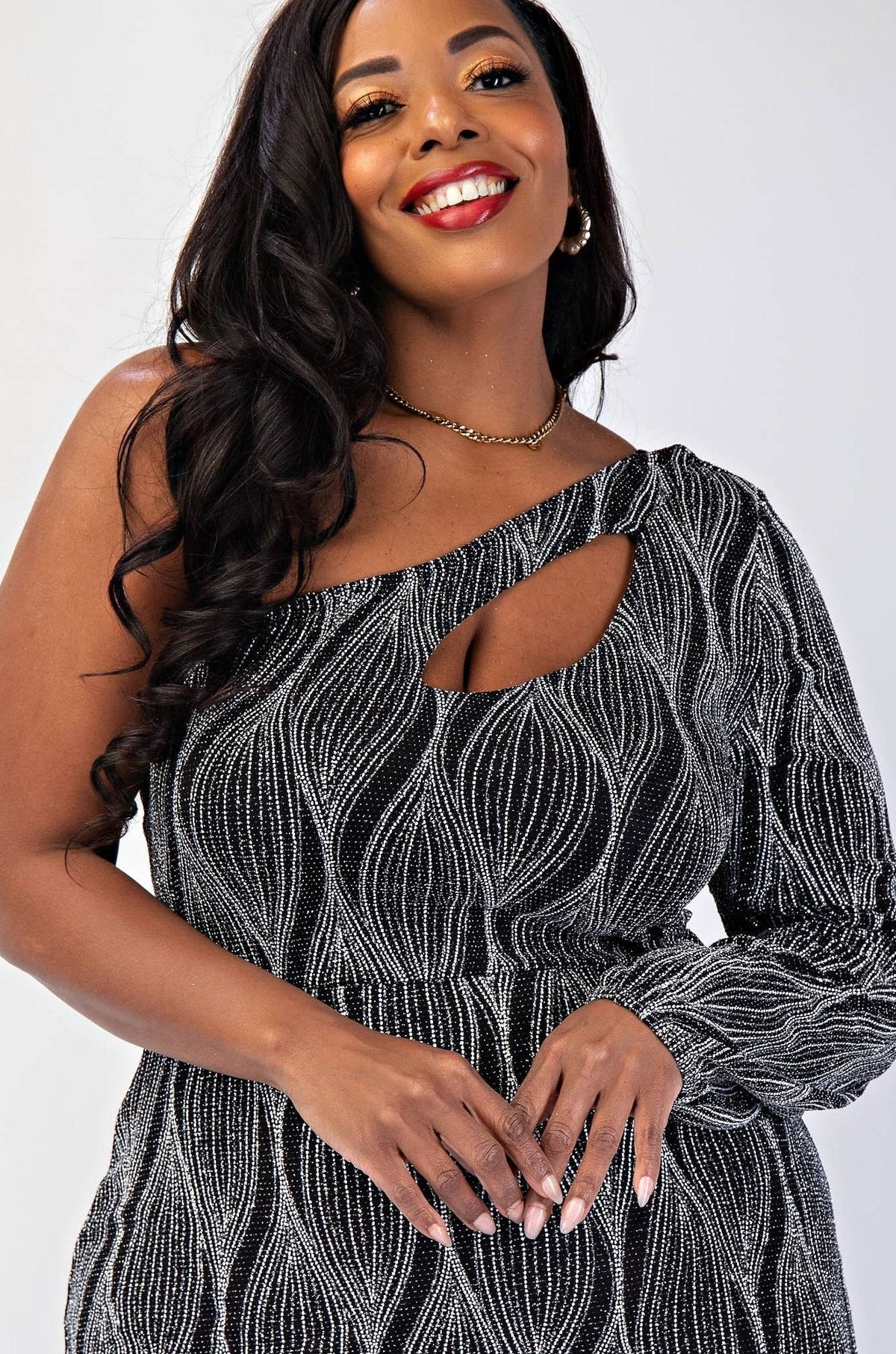 Sabrina Plus Size Glitter Knit One Shoulder Cutout Dress