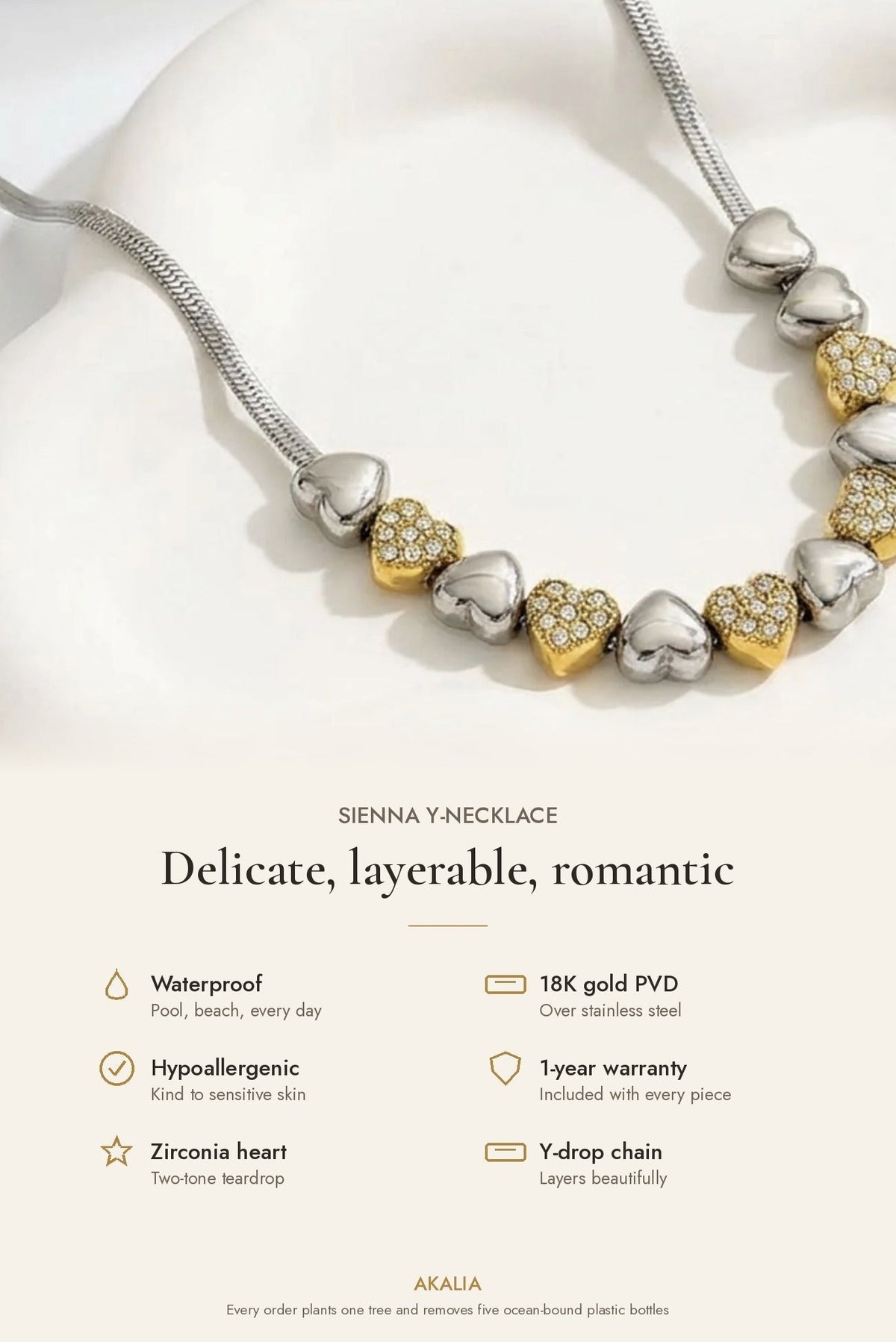 Sienna Waterproof Heart Teardrop Y-Necklace Two Tone