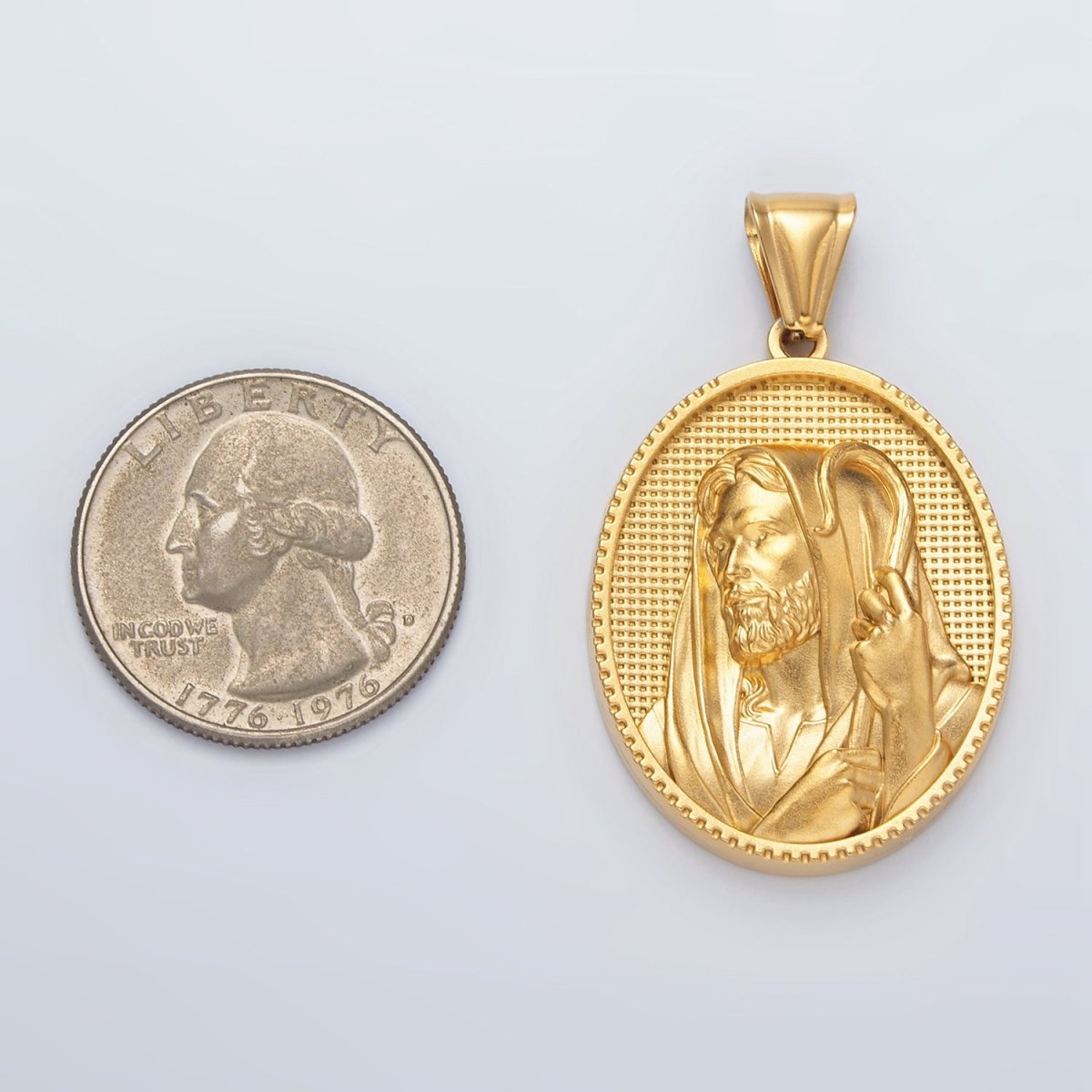 Stainless Steel Shepard Jesus Christ Religious Figure Textured Oval Pendant | P1469
