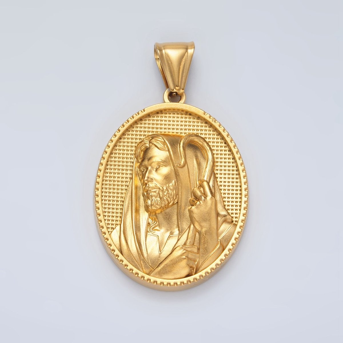 Stainless Steel Shepard Jesus Christ Religious Figure Textured Oval Pendant | P1469
