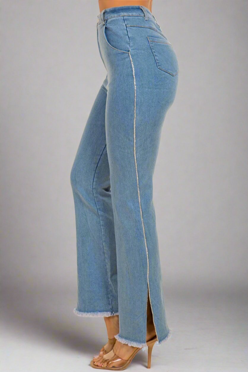 Tamera Rhinestone Trim Side Slit Stretch Denim Pants for Chic Comfort and All-Day Style